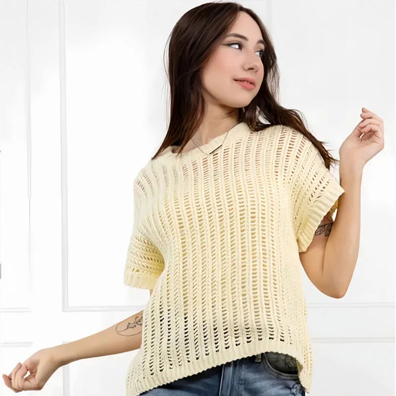 Female Clothing Cropped Net Sweater Cardigan For Women Korean Fashion Summer Knit Short Sleeve Cute Elegant Woman Crochet Top