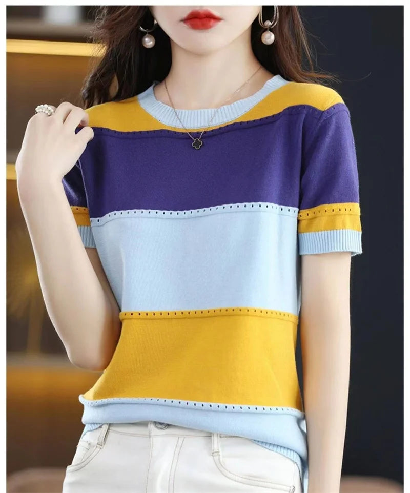 2024 Summer New Ice Silk T-shirt Short-sleeved Stripes knitted Pullover Womens Color Matching Hollow Thin Knitted Sweater Ladies