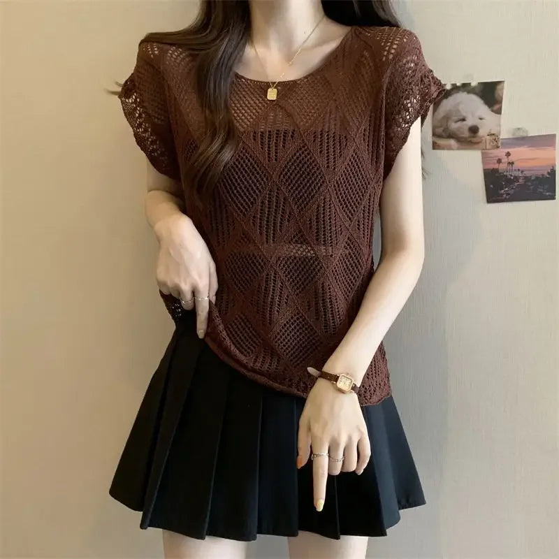 2025 Summer New Hollow Ice Silk Sweater for Women Short-sleeved Shirt with Backless Vests and Thin Tops