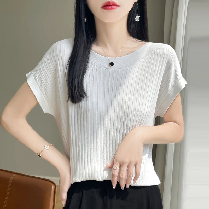 2025 Fashion Slash Neck Women Sweater Ice Silk Spring Summer Knitted Sweater Loose Casual Korean Shirts Short Sleeve Knitwears