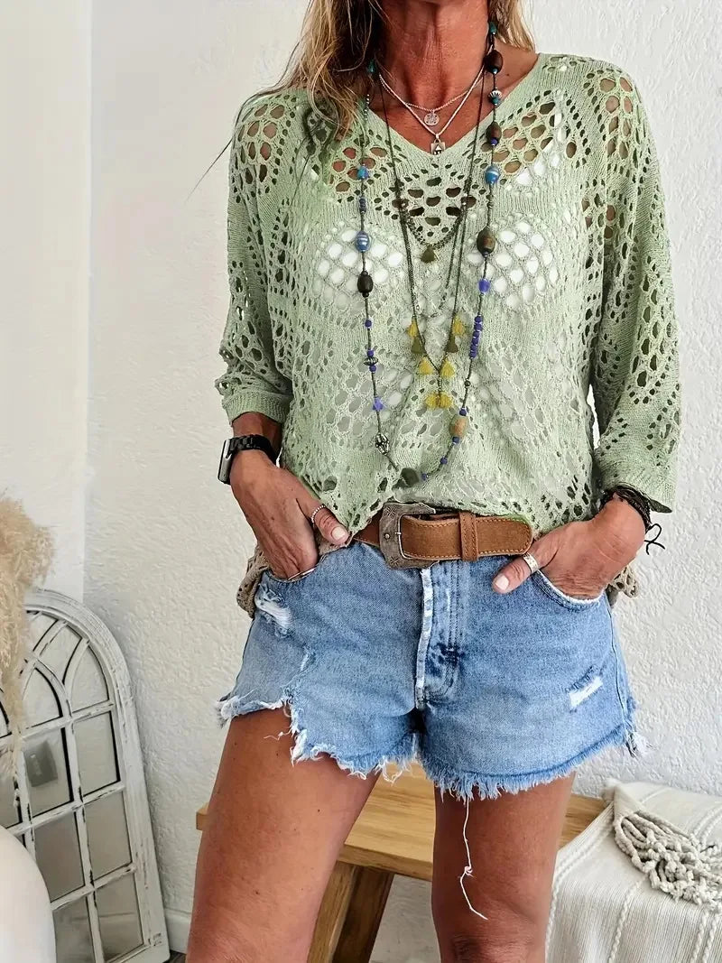 New Sexy V Neck Hollow Out Knitted Sweater Spring Solid Half Sleeve Cape Top Pullover Autumn Fashion Cover Up Women Beach Top