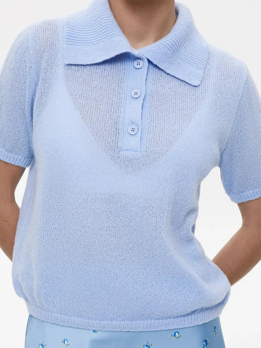 Wolfeel Summer New Polo Collar Hollow Knitted Short Sleeved Sweater Women's Bubble Sleeve T-shirt Female Simple Knitted Sweater