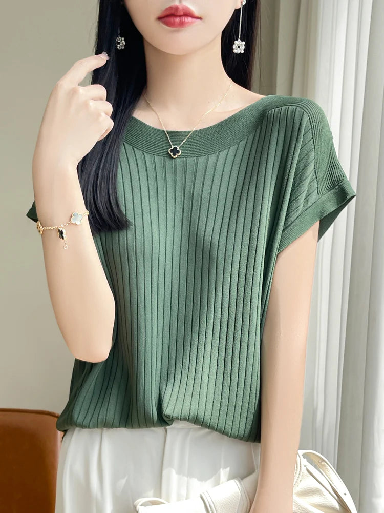 2025 Fashion Slash Neck Women Sweater Ice Silk Spring Summer Knitted Sweater Loose Casual Korean Shirts Short Sleeve Knitwears