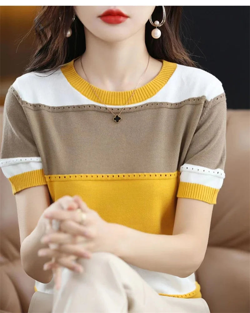 2024 Summer New Ice Silk T-shirt Short-sleeved Stripes knitted Pullover Womens Color Matching Hollow Thin Knitted Sweater Ladies