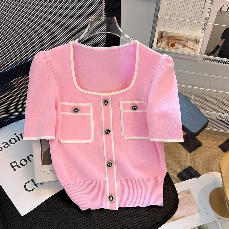 Summer Sweater Women's Knit T-shirt Casual Short Sleeve Woman Clothes Versatile Square Collar Lady Pullover Knitwear Tops Jumper