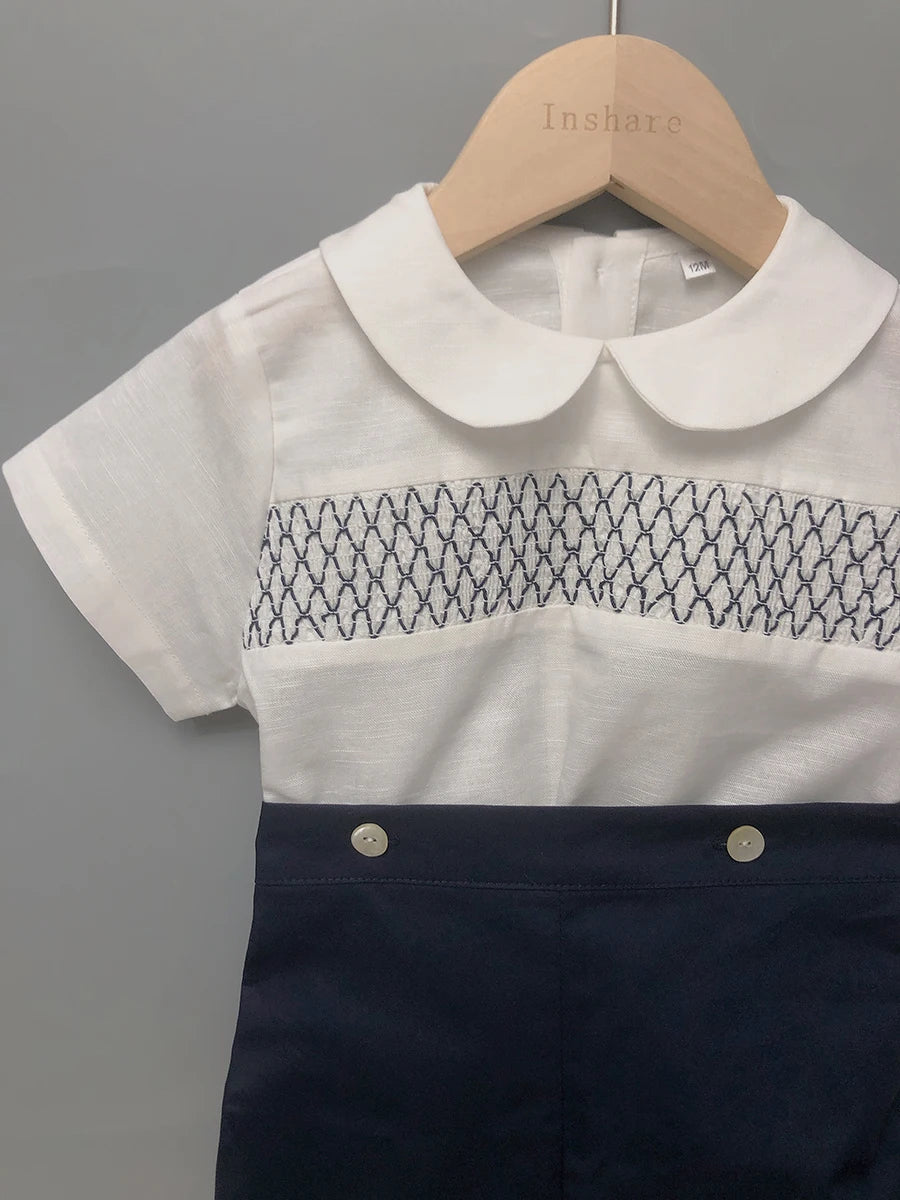 2Pcs Children Boutique Clothing Boy Spanish Smocking Set Cotton Linen Summer Short Sleeves Suit Toddler BABI Outfit Baptism