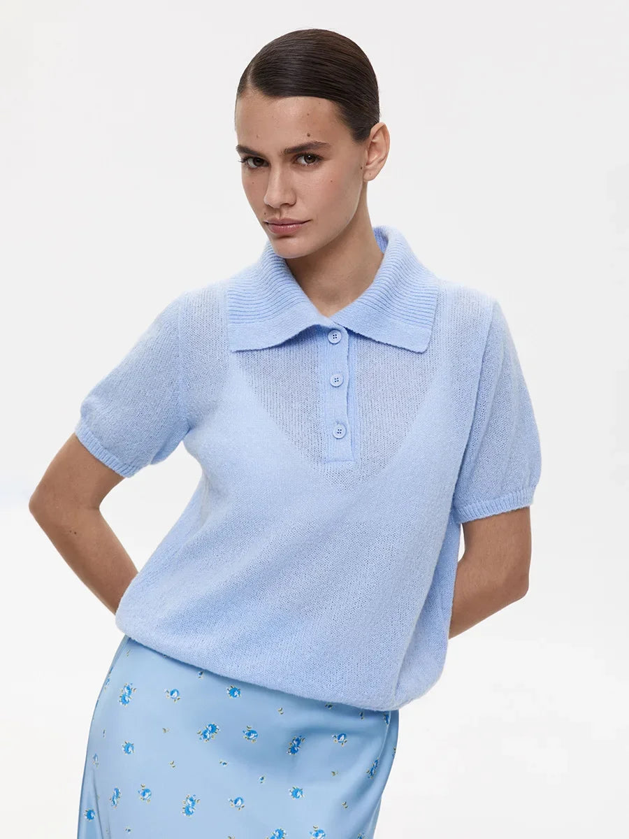 Wolfeel Summer New Polo Collar Hollow Knitted Short Sleeved Sweater Women's Bubble Sleeve T-shirt Female Simple Knitted Sweater