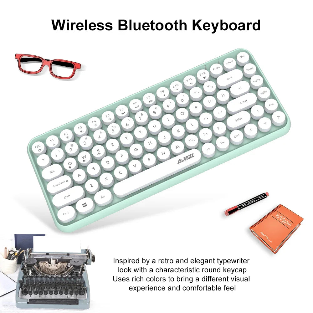 Ajazz 308I Wireless Bluetooth Keyboard 84 Keys Multi-Device Portable Keyboard Retro Typewriter Round Keycaps for IOS Android Win