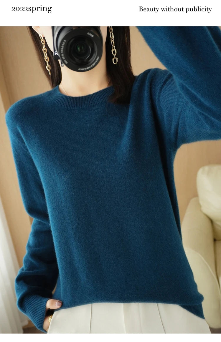 Women Merino Wool Sweater O-Neck Pullover Spring Autumn Long Sleeve Knitwear Slim Solid Color Fashion Bottoming Clothing Tops