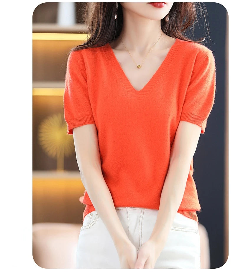 Spring Summer Women Sweater Knit Tshirts V-neck Short Sleeve Knitwears Korean Fashion Pullovers Solid Bottoming Shirt Jumper