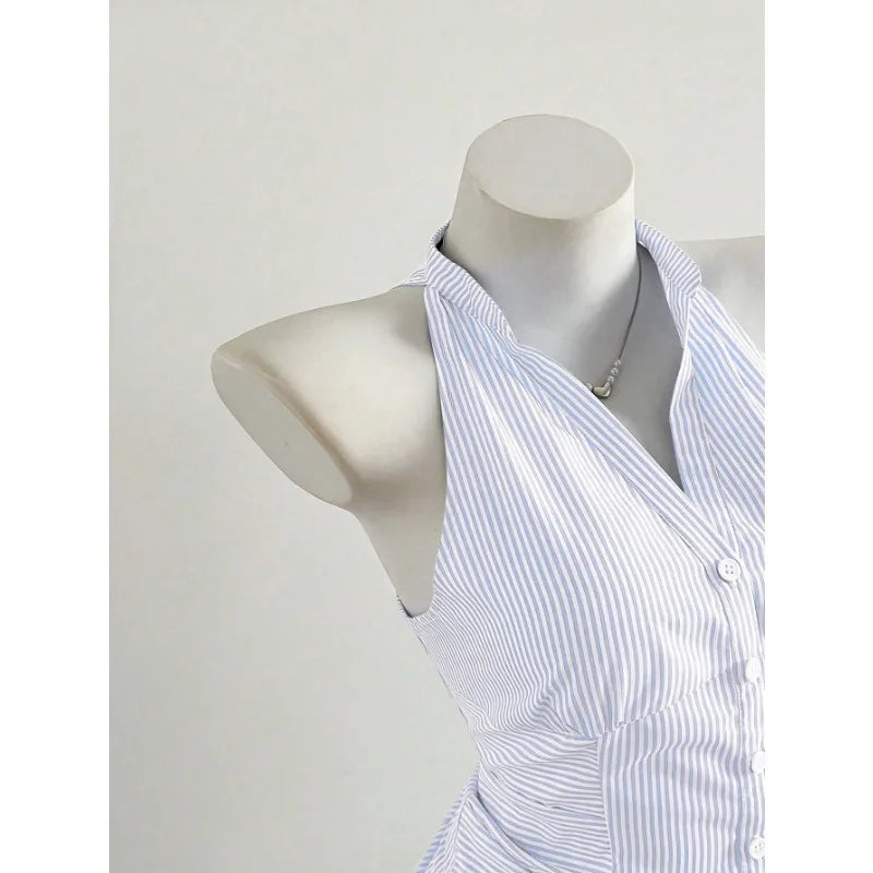 2025 Sexy Fashion Causal Stripe V Neck Sleeveless Holiday Design Plaid Skinny Halter Women Tank Chic Holiday Streetwear Tanks