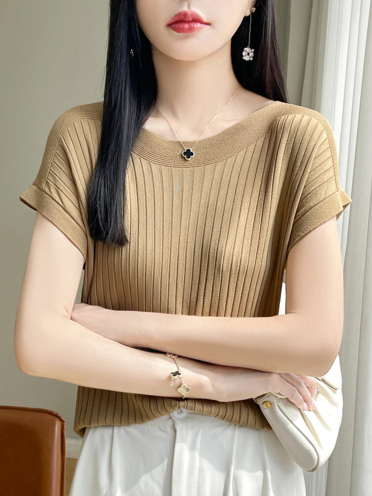 2025 Fashion Slash Neck Women Sweater Ice Silk Spring Summer Knitted Sweater Loose Casual Korean Shirts Short Sleeve Knitwears