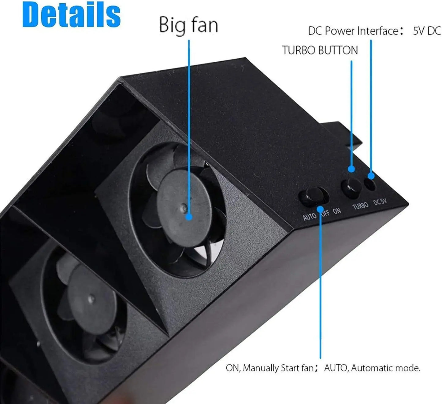 Cooling Fan Fit for Sony PS4, USB External Turbo Temperature Control Cooler Fan with 5 Fans, 3 Adjustable Fan Speeds