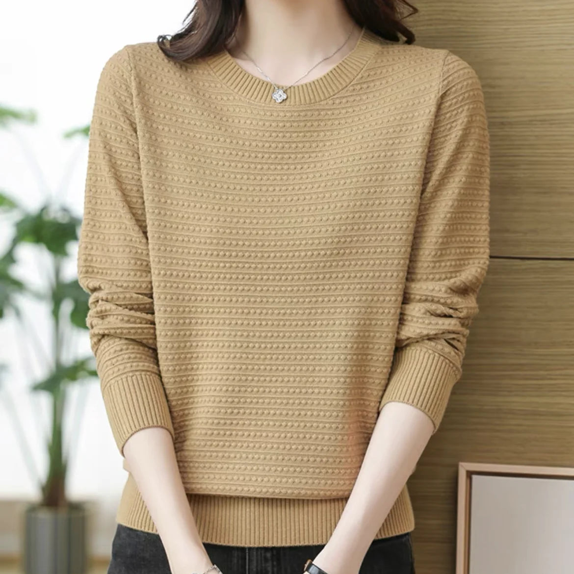AutumnWinter New Solid Color Women's Base Layer Fashion Hollow Knit Long Sleeve Sweater