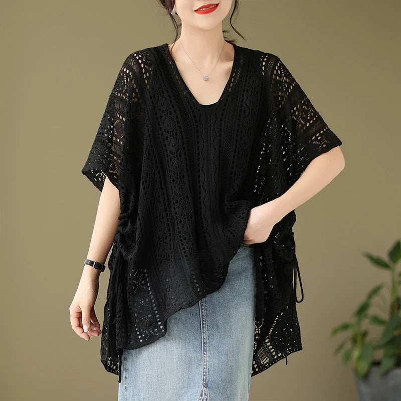 Sheer Crochet Cover Up Tucnic Tops for Women Drawstring Side Openwork Knit Pullover Summer Coverups Boho Beach Vacation Outfit