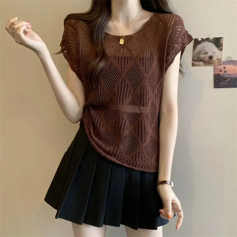 2025 Summer New Hollow Ice Silk Sweater for Women Short-sleeved Shirt with Backless Vests and Thin Tops