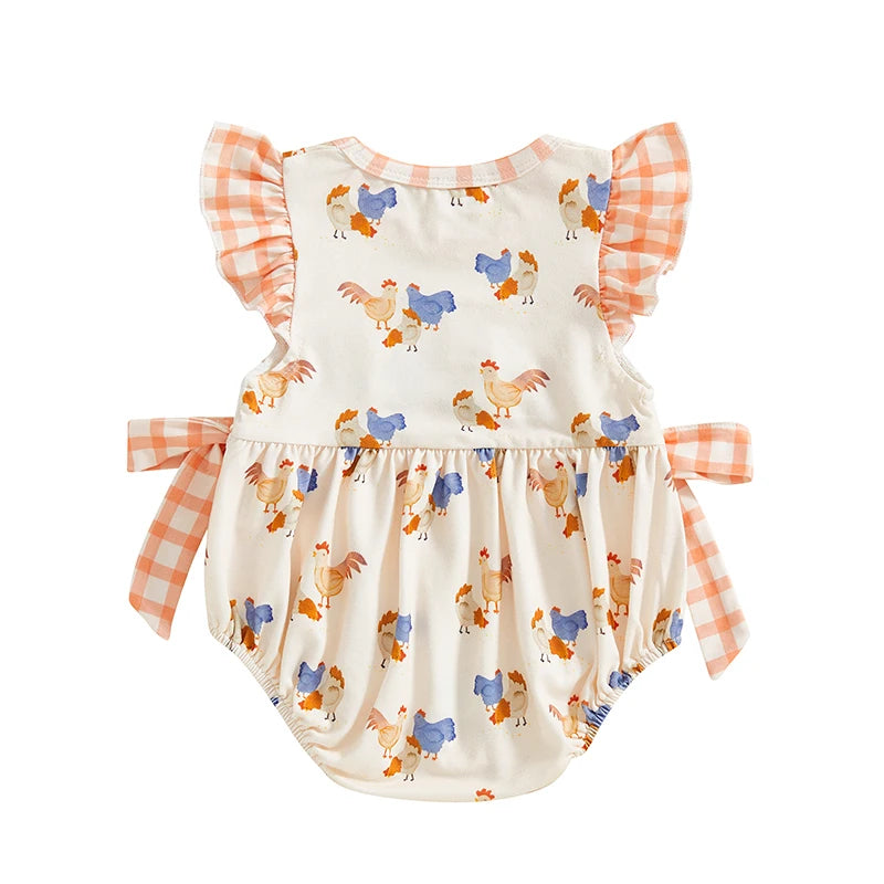 Newborn Baby Girl Romper Farm Chicken Outfit Ruffle Smocked Plaid Bodysuit Western Country Summer Clothes