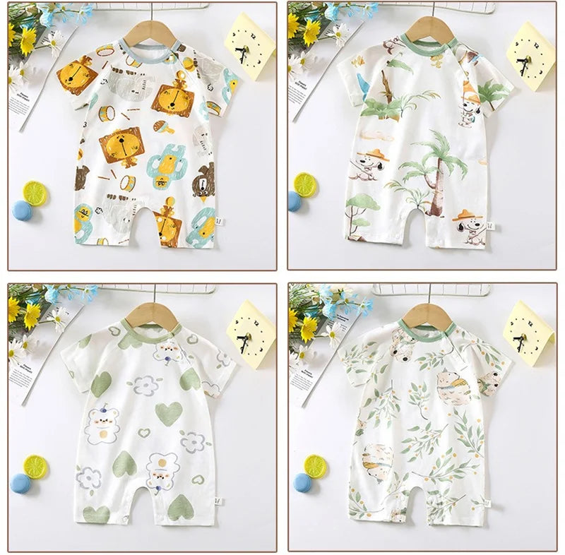 Cute Baby Cartoon Jumpsuit Summer Short Sleeved Thin Cotton Newborn Infant Clothing Bodysuit Boys Girls Crawling Clothes Rompers