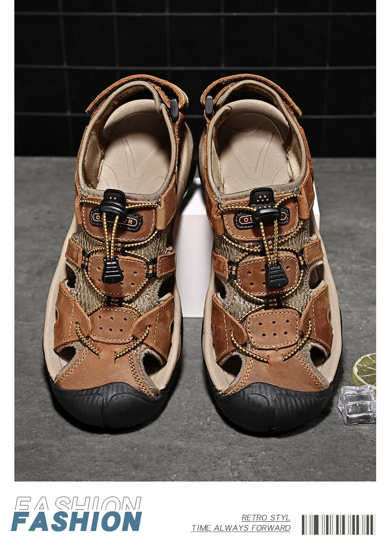 Summer Men's Sandals Classic Genuine Leather Sandals Fashion Outdoor Hiking Shoes Light Breathable Non-slip Sneakers 38-48