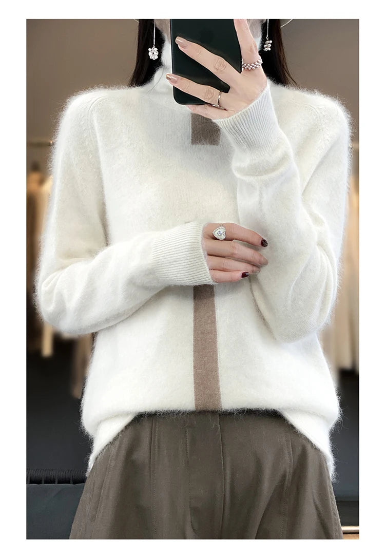 RONGYI 100% Mink Cashmere Women's Turtleneck Pullover Knitted Color Matching Fashion Casual Coat Autumn And Winter Hot Top
