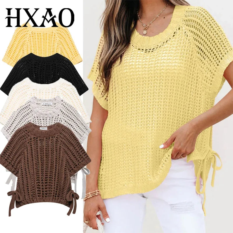 Female Clothing Cropped Net Sweater Cardigan For Women Korean Fashion Summer Knit Short Sleeve Cute Elegant Woman Crochet Top