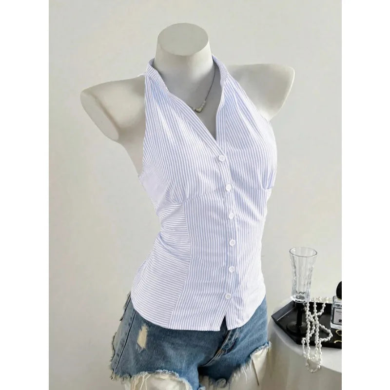 2025 Sexy Fashion Causal Stripe V Neck Sleeveless Holiday Design Plaid Skinny Halter Women Tank Chic Holiday Streetwear Tanks