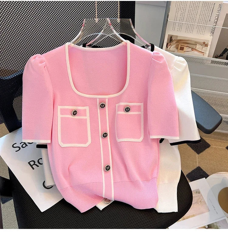 Summer Sweater Women's Knit T-shirt Casual Short Sleeve Woman Clothes Versatile Square Collar Lady Pullover Knitwear Tops Jumper