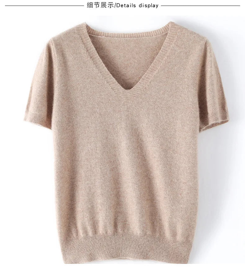 Spring Summer Women Sweater Knit Tshirts V-neck Short Sleeve Knitwears Korean Fashion Pullovers Solid Bottoming Shirt Jumper