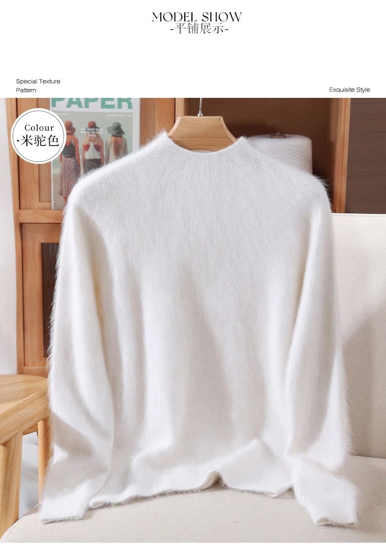 Women's Sweater Semi High Neck Autumn/Winter Pullover Long Sleeved High-End 100% Mink Fur Knitted Sweater Fashion Korean Version