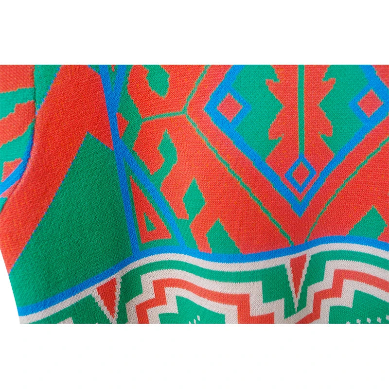 Summer Vintage Patchwork Geometric Pattern Knitted Sweater Women Fashion O-Neck Short Sleeve Knitted Pullover Tops Knitwear