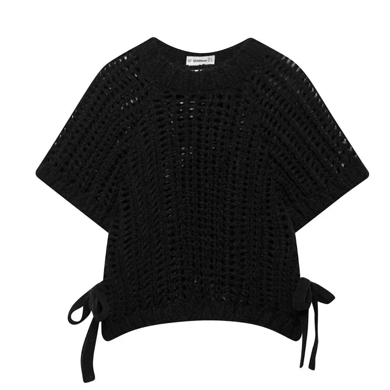 Female Clothing Cropped Net Sweater Cardigan For Women Korean Fashion Summer Knit Short Sleeve Cute Elegant Woman Crochet Top