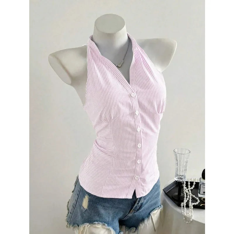 2025 Sexy Fashion Causal Stripe V Neck Sleeveless Holiday Design Plaid Skinny Halter Women Tank Chic Holiday Streetwear Tanks