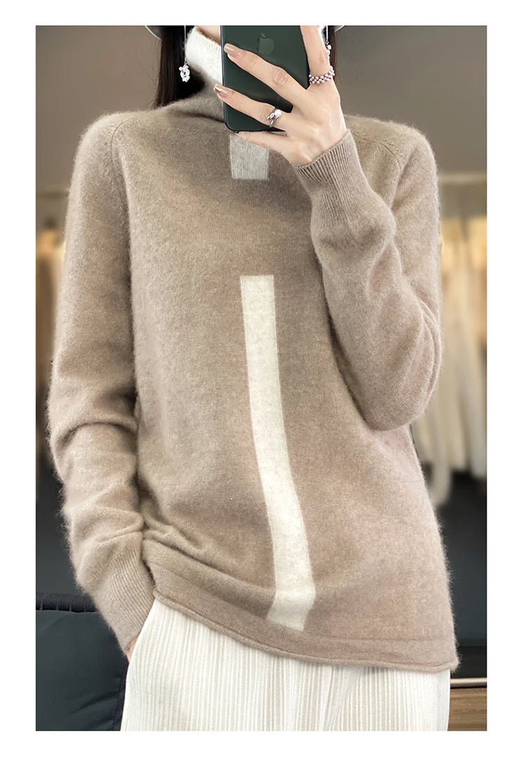 RONGYI 100% Mink Cashmere Women's Turtleneck Pullover Knitted Color Matching Fashion Casual Coat Autumn And Winter Hot Top