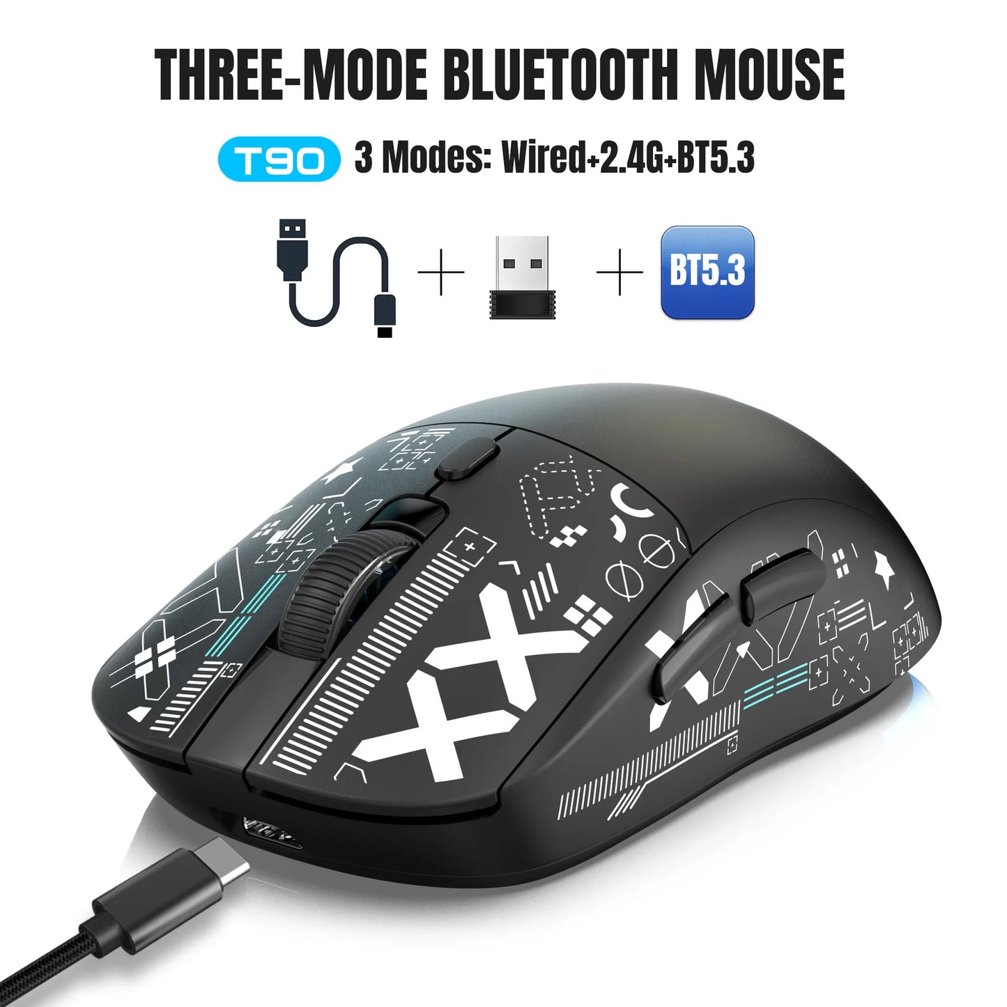 HXSJ T90 Thir-Mode wireless mouse (Wired+2.4G+BT) RGB Backlight 650mAh Gaming Mouse