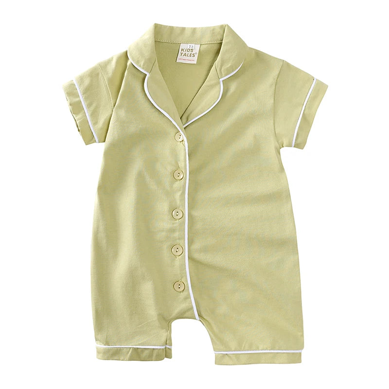Summer Baby Pajamas Romper Button Short Solid Clothes For 0- 3Y Cute Breathable Jumpsuit Newborn Boys Girls Pyjamas