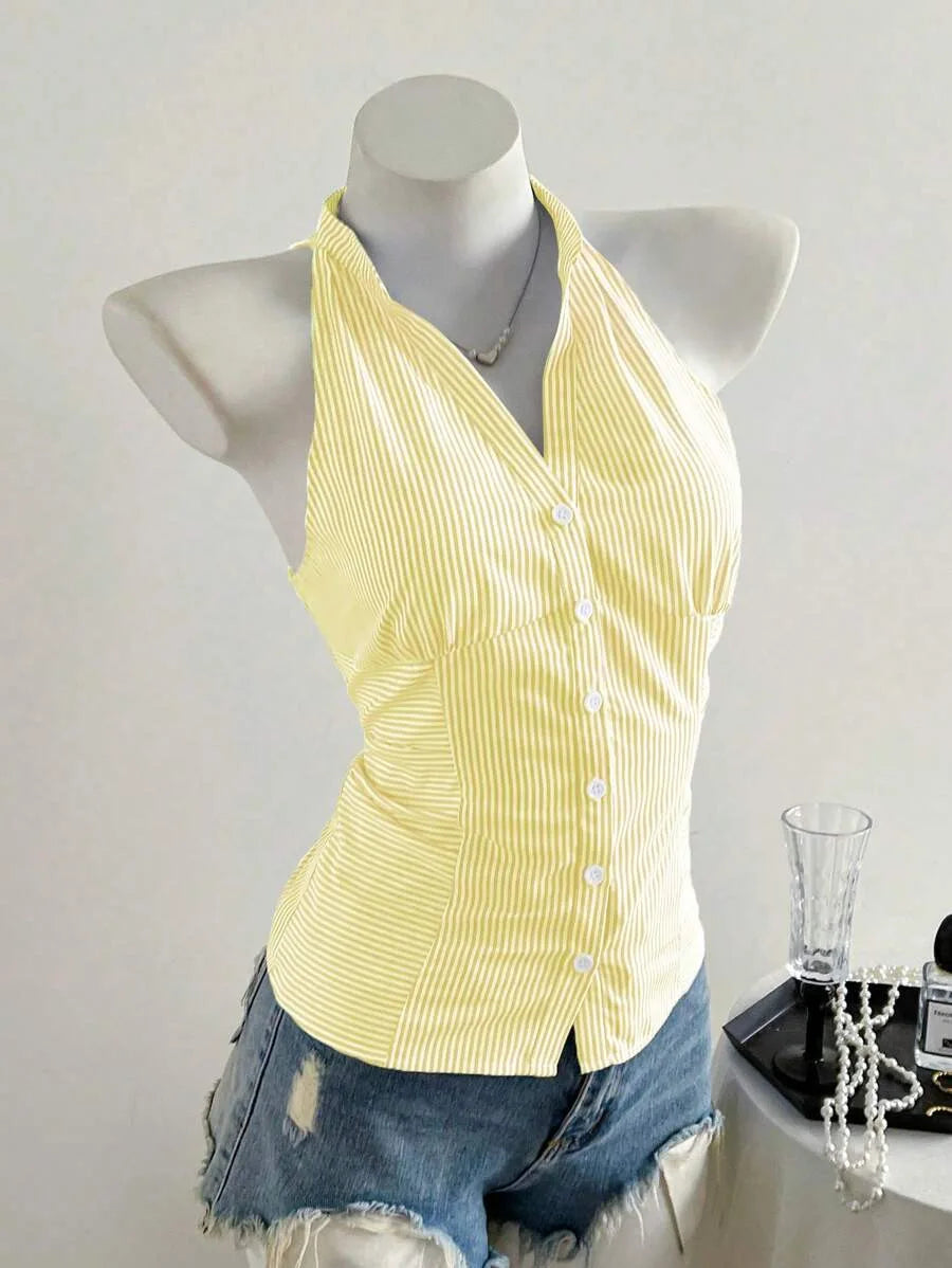 2025 Sexy Fashion Causal Stripe V Neck Sleeveless Holiday Design Plaid Skinny Halter Women Tank Chic Holiday Streetwear Tanks