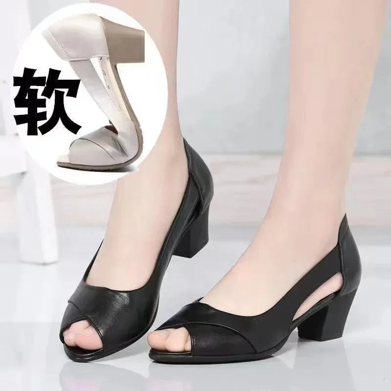 Female Shoes on Sale 2024 New Slip on Women's Sandals Solid Slip on Open Toe Chunky Heels Neutral Mature Fish Mouth Sandals