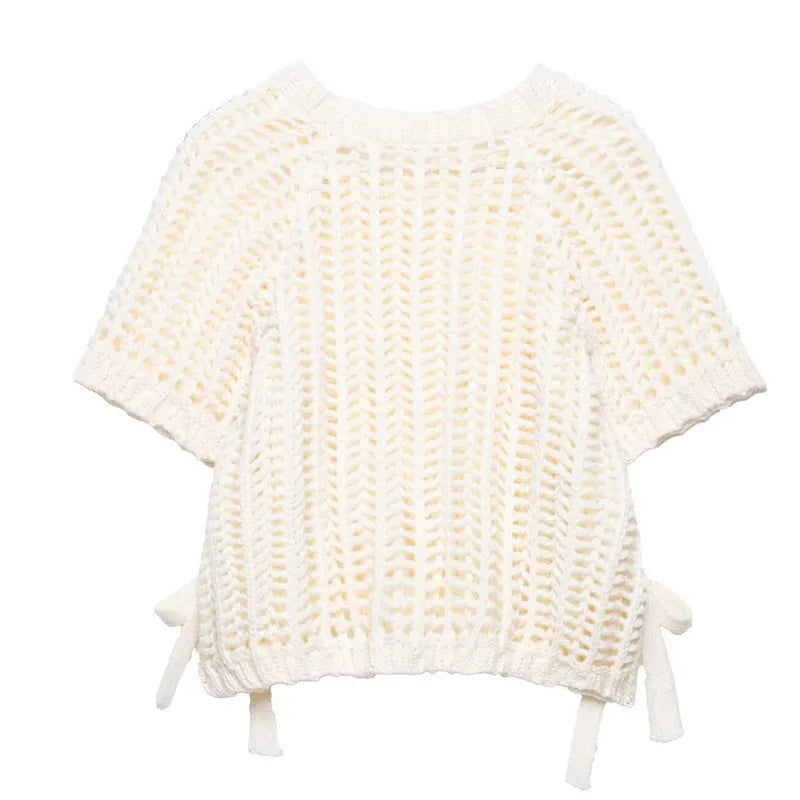 Female Clothing Cropped Net Sweater Cardigan For Women Korean Fashion Summer Knit Short Sleeve Cute Elegant Woman Crochet Top