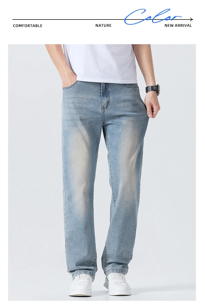 Summer Thin Men's Printed Jeans Breathable Fashion Business Loose Pants Washing Vintage Casual Denim Trousers Male