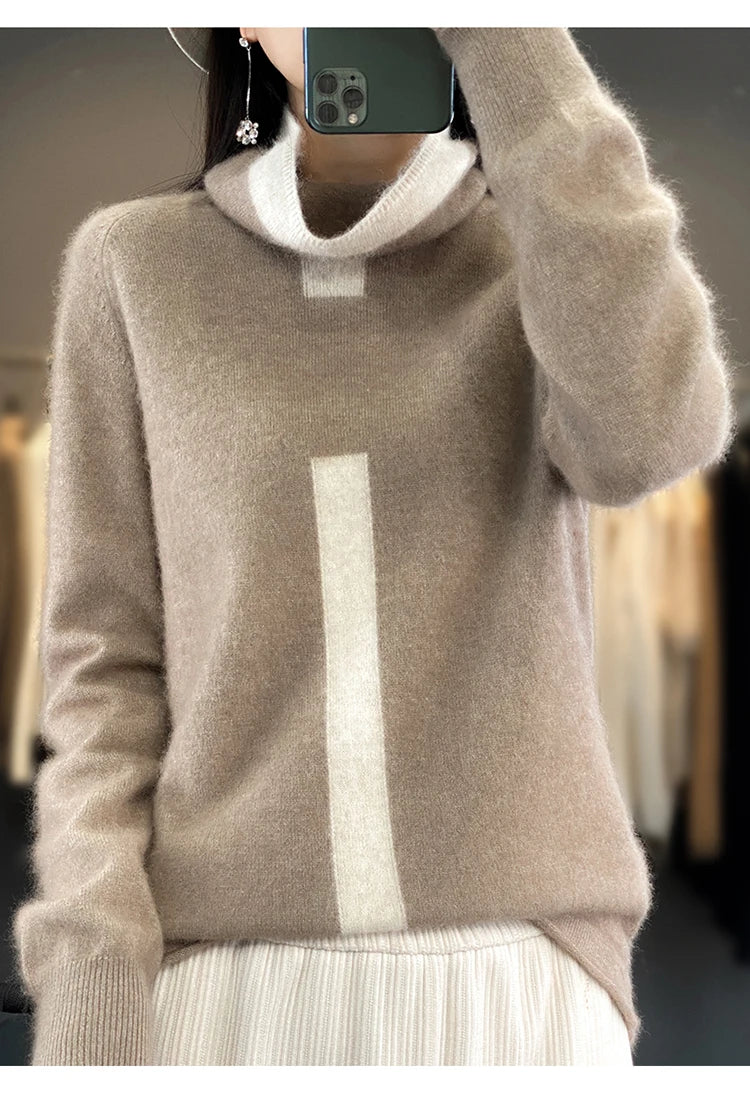 RONGYI 100% Mink Cashmere Women's Turtleneck Pullover Knitted Color Matching Fashion Casual Coat Autumn And Winter Hot Top