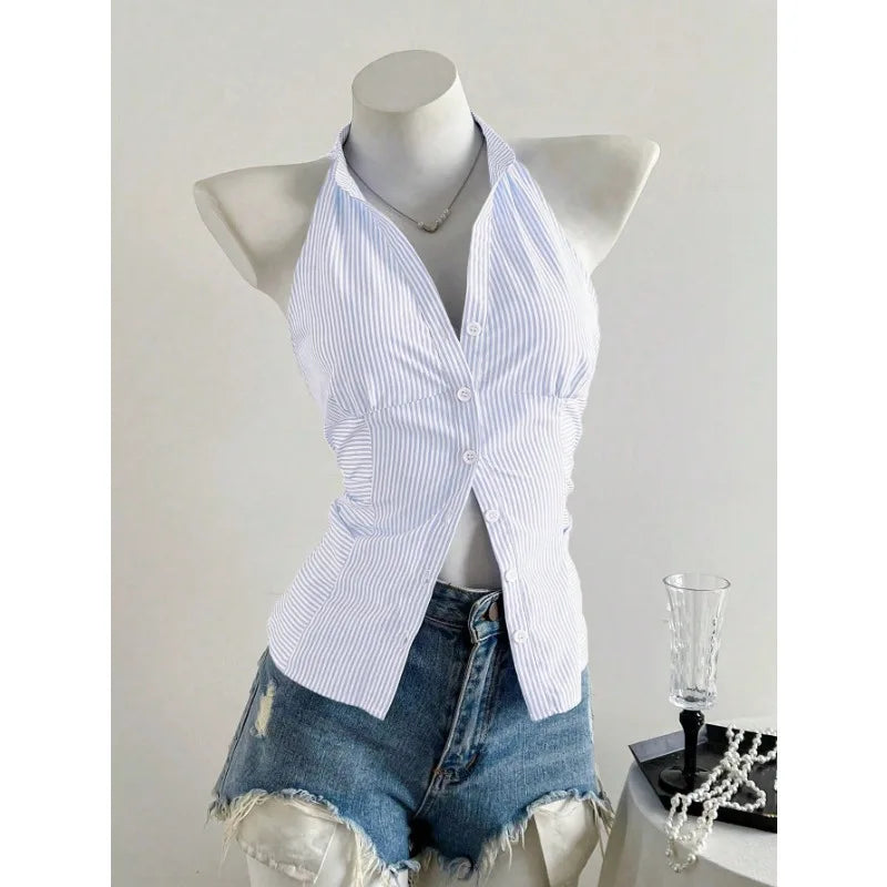 2025 Sexy Fashion Causal Stripe V Neck Sleeveless Holiday Design Plaid Skinny Halter Women Tank Chic Holiday Streetwear Tanks