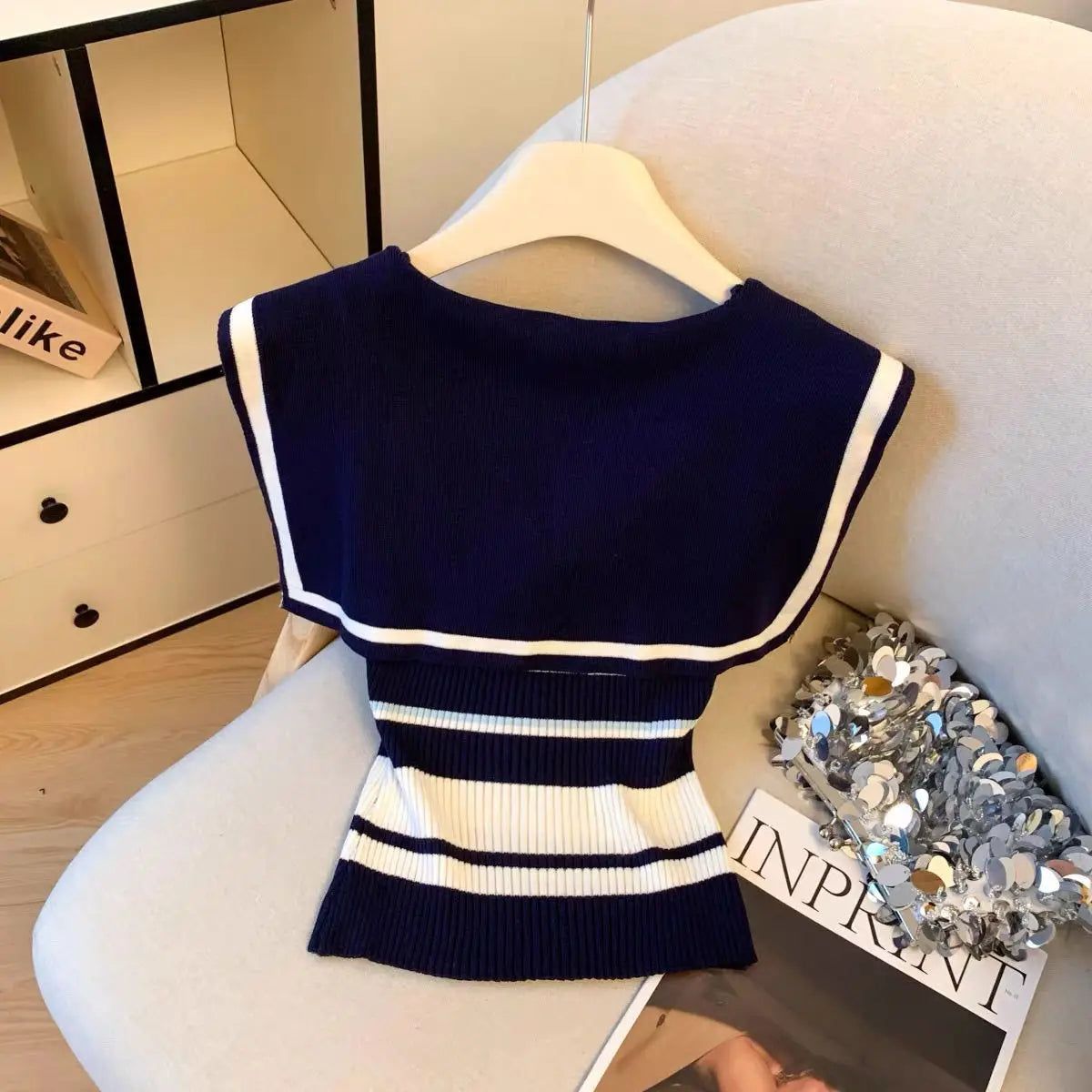 2025 Summer New Sleeveless Sailor Collar Striped Top Tee Lacing Female Casual Knitting Preppy Style Slim Pullovers Women Clothes