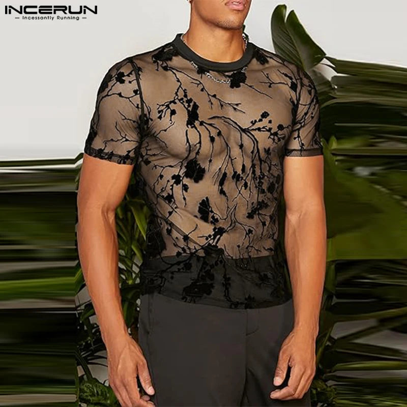 2023 Men T Shirt Mesh Striped O-neck Short Sleeve Transparent Men Clothing Streetwear Sexy Korean Fashion Tee Tops S-5XL INCERUN