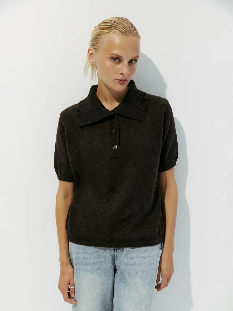 Wolfeel Summer New Polo Collar Hollow Knitted Short Sleeved Sweater Women's Bubble Sleeve T-shirt Female Simple Knitted Sweater