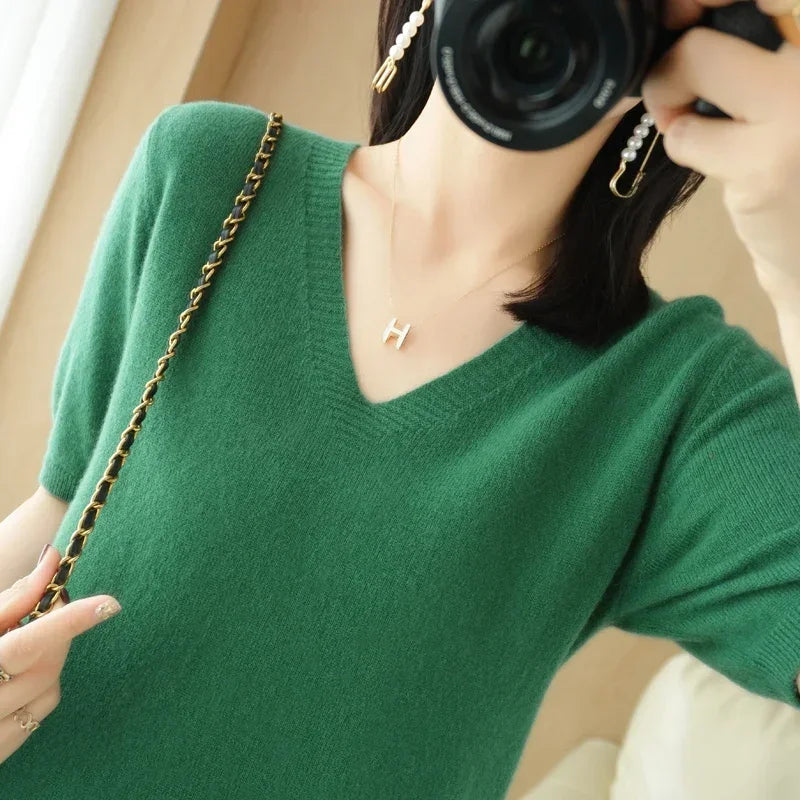 Spring Summer Women Sweater Knit Tshirts V-neck Short Sleeve Knitwears Korean Fashion Pullovers Solid Bottoming Shirt Jumper