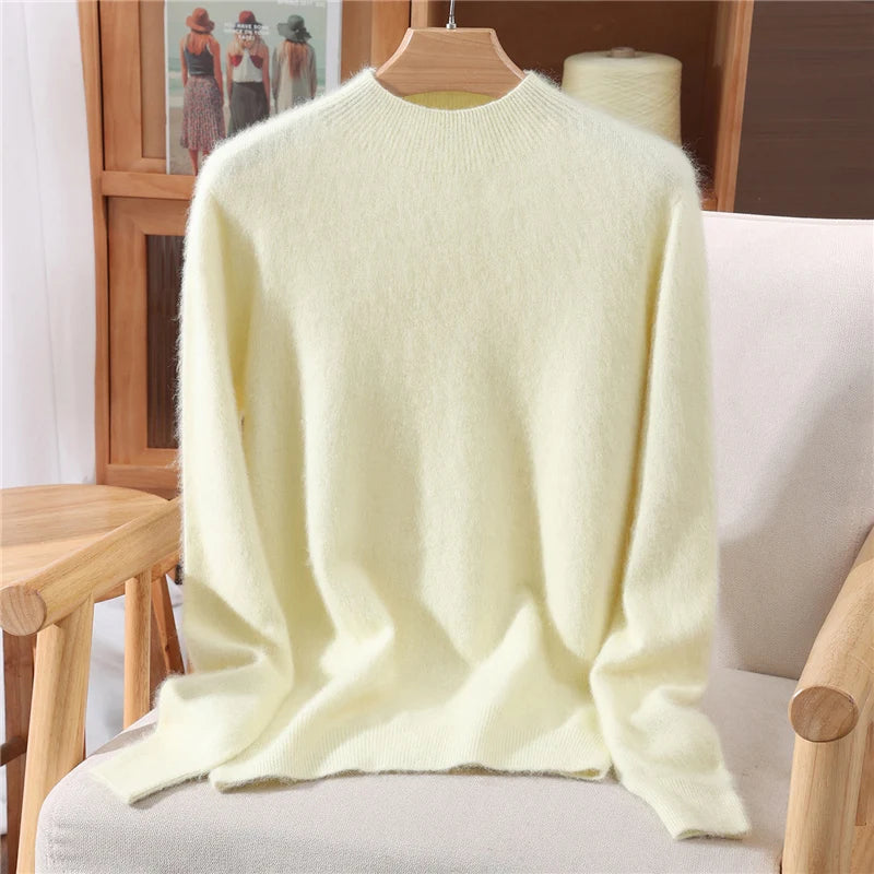 Women's Sweater Semi High Neck Autumn/Winter Pullover Long Sleeved High-End 100% Mink Fur Knitted Sweater Fashion Korean Version