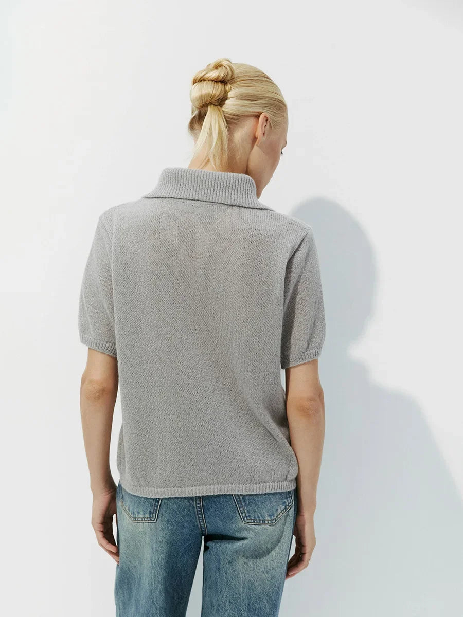 Wolfeel Summer New Polo Collar Hollow Knitted Short Sleeved Sweater Women's Bubble Sleeve T-shirt Female Simple Knitted Sweater