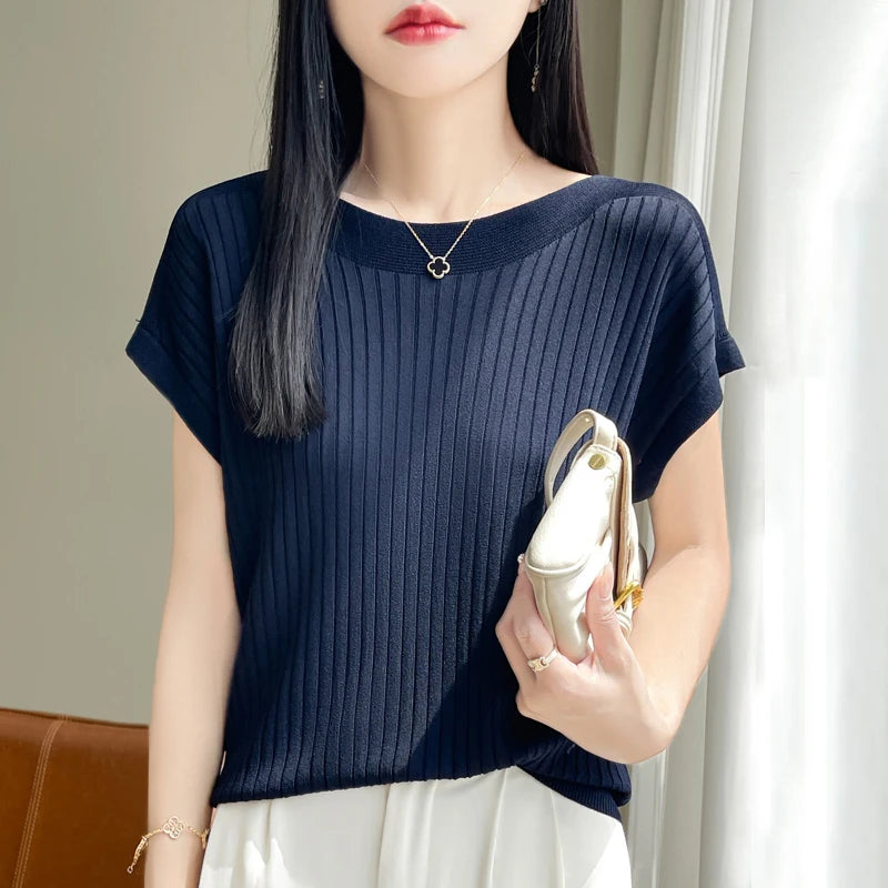 2025 Fashion Slash Neck Women Sweater Ice Silk Spring Summer Knitted Sweater Loose Casual Korean Shirts Short Sleeve Knitwears
