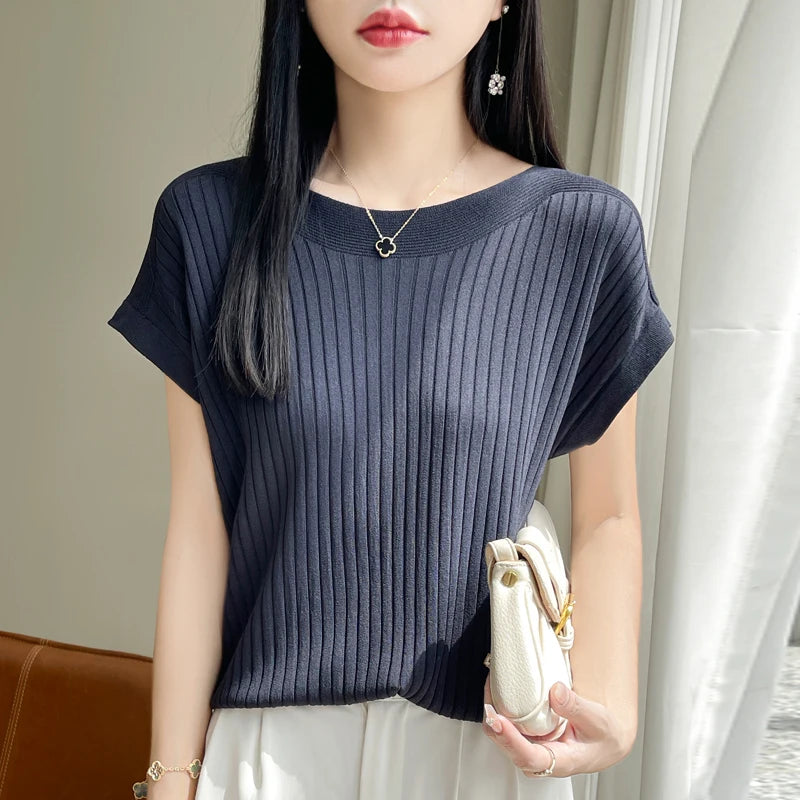 2025 Fashion Slash Neck Women Sweater Ice Silk Spring Summer Knitted Sweater Loose Casual Korean Shirts Short Sleeve Knitwears