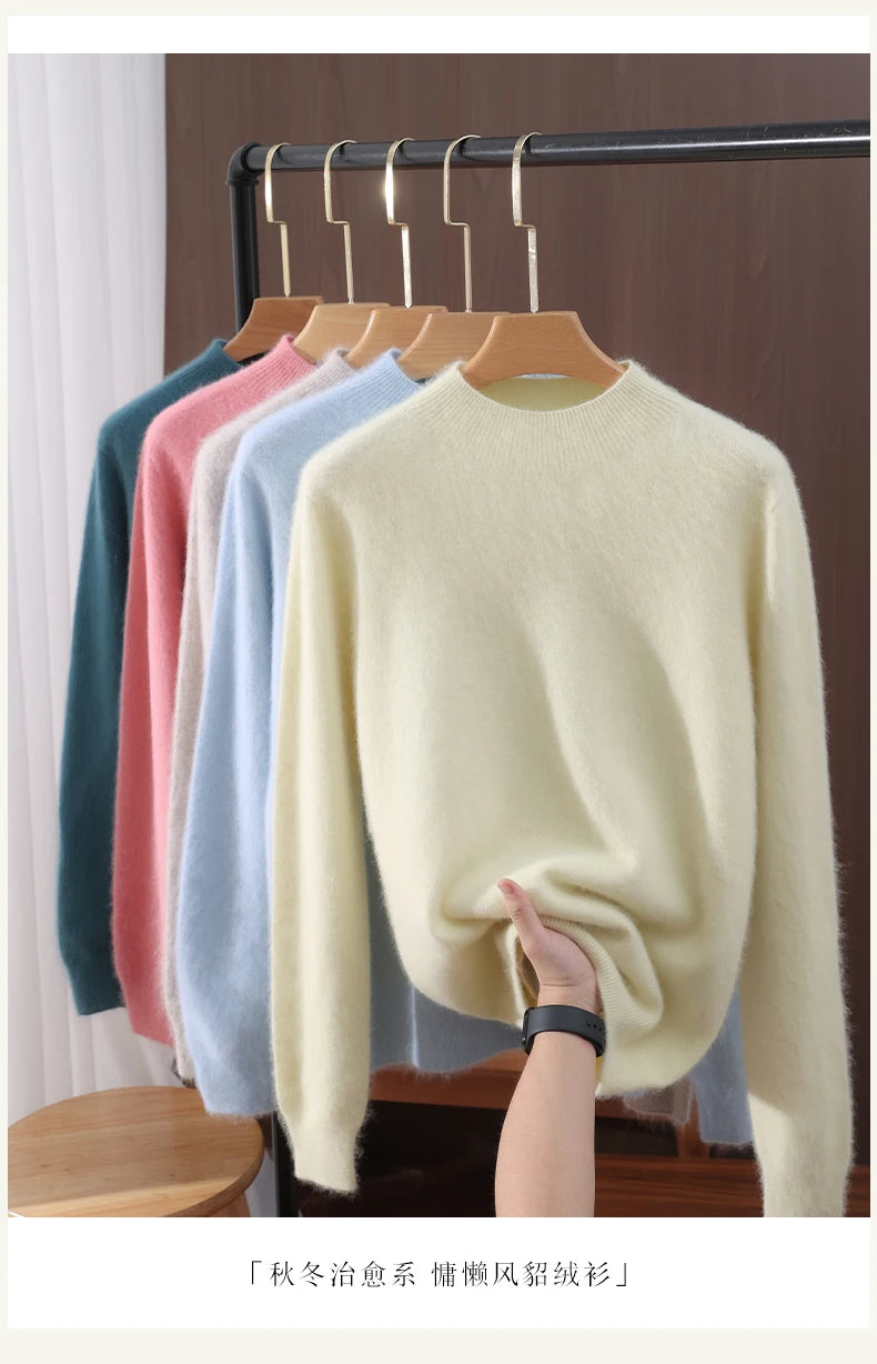 Women's Sweater Semi High Neck Autumn/Winter Pullover Long Sleeved High-End 100% Mink Fur Knitted Sweater Fashion Korean Version